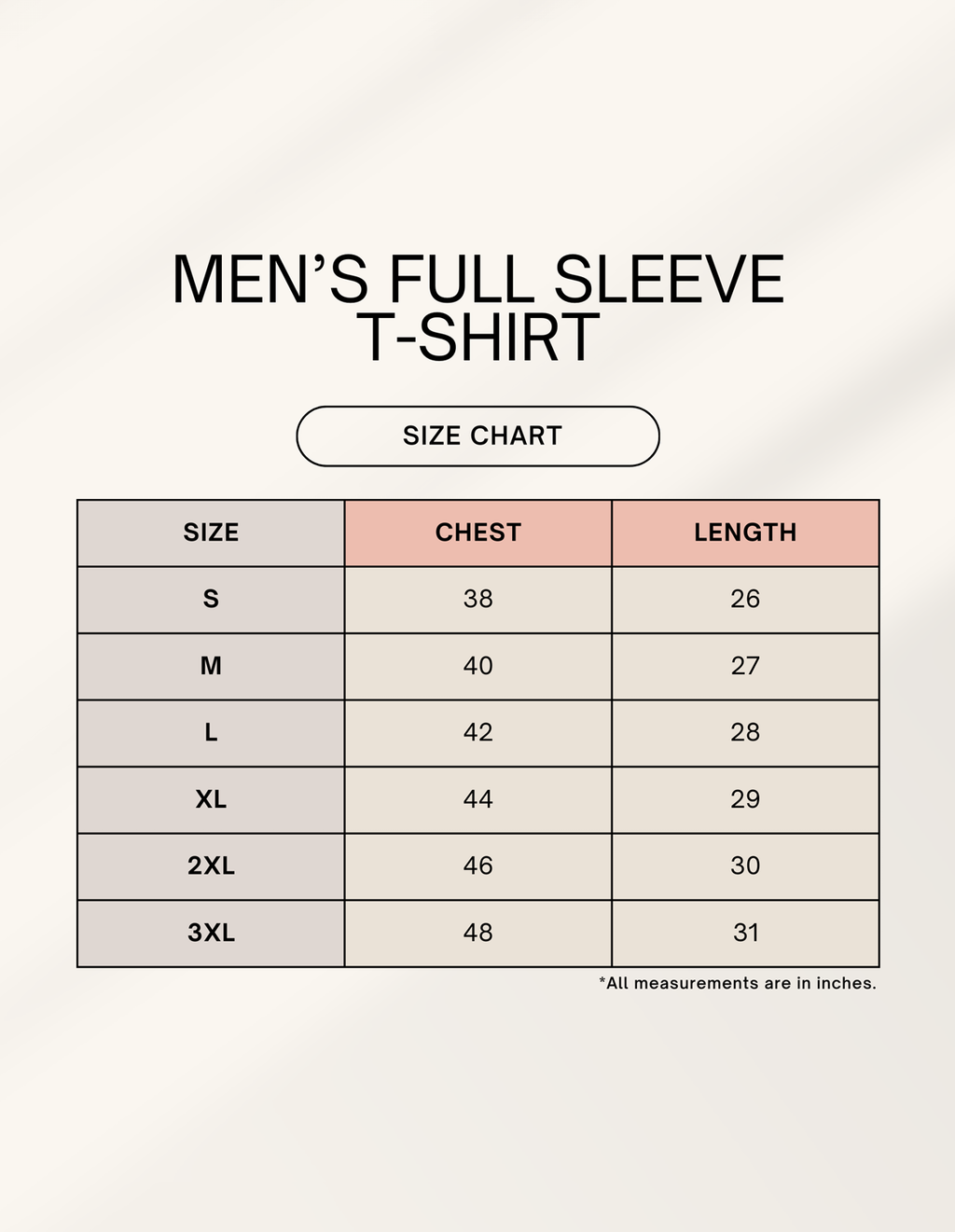 Full Sleeve TShirt Size Chart
