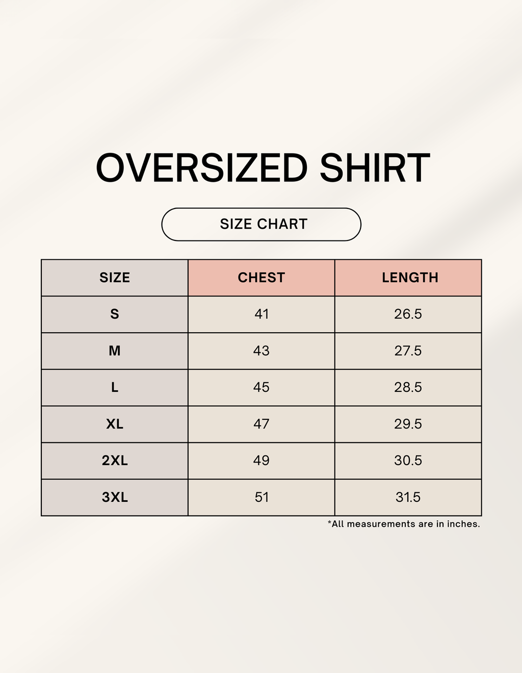 OverSized Shirt SizeChart