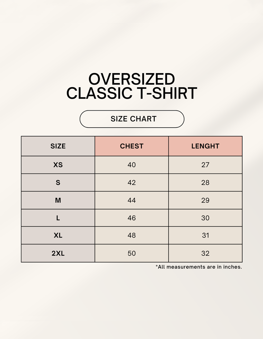Oversized Classic TShirt Size Chart