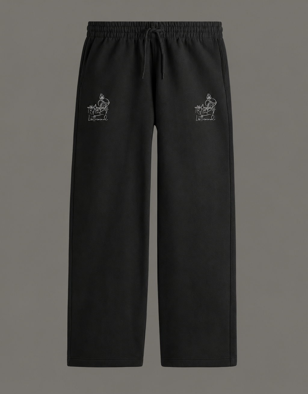 Lost Krishna Sweatpants with embroidery stitch on a black sweatpant.